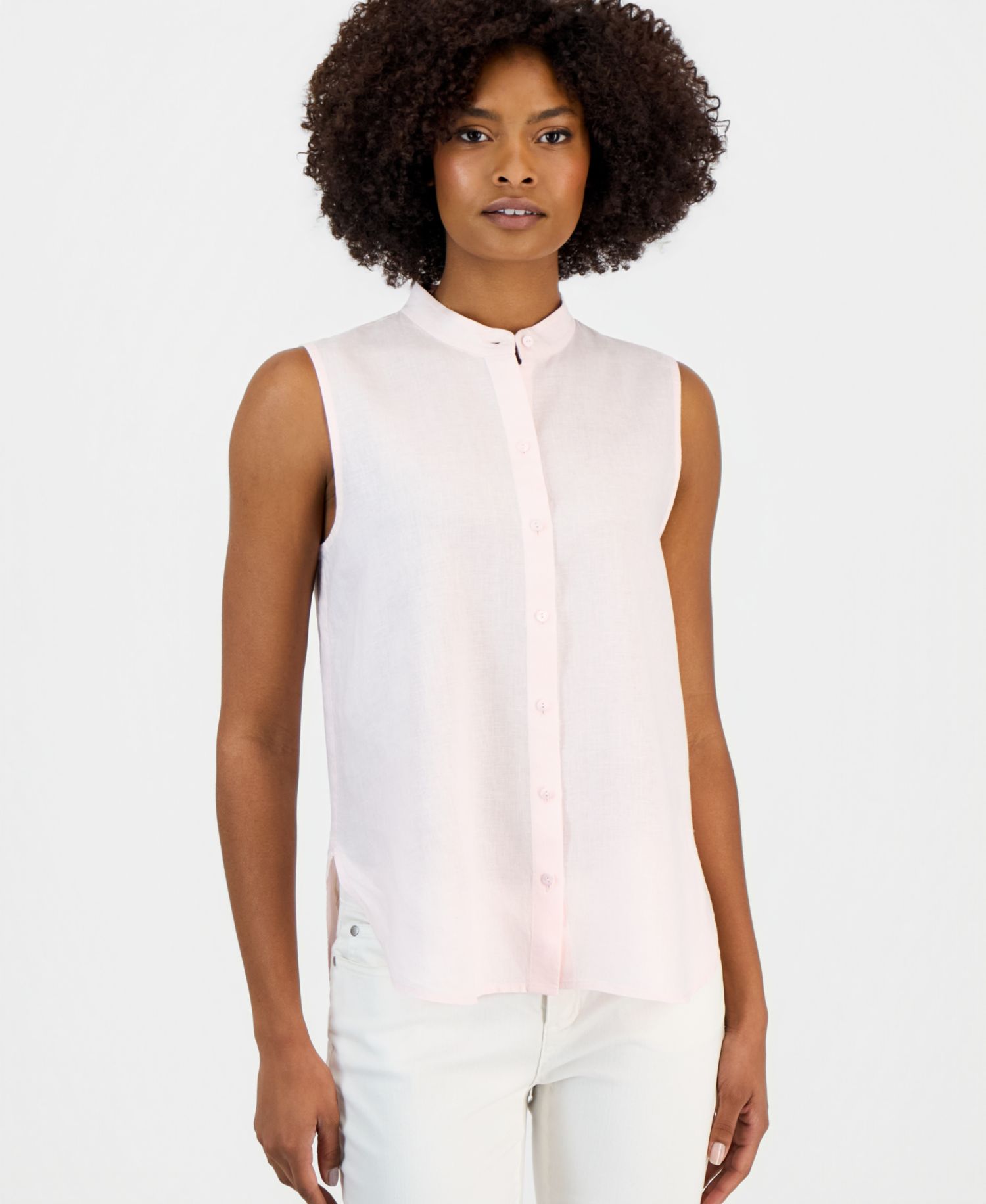Women's Linen Sleeveless Band-Collar Shirt