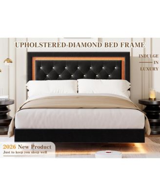 Queen Floating Bed Frame with Smart LED Upholstery Diamond Headboard Wood Slats No Box Spring Needed Noise Free Easy