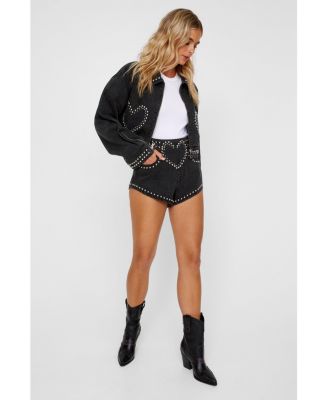 Women's Heart Studded Cropped Denim Jacket