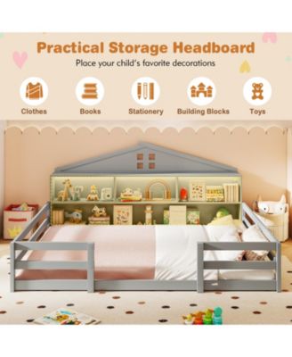 Montessori Floor Bed with Storage Compartments and Shelf