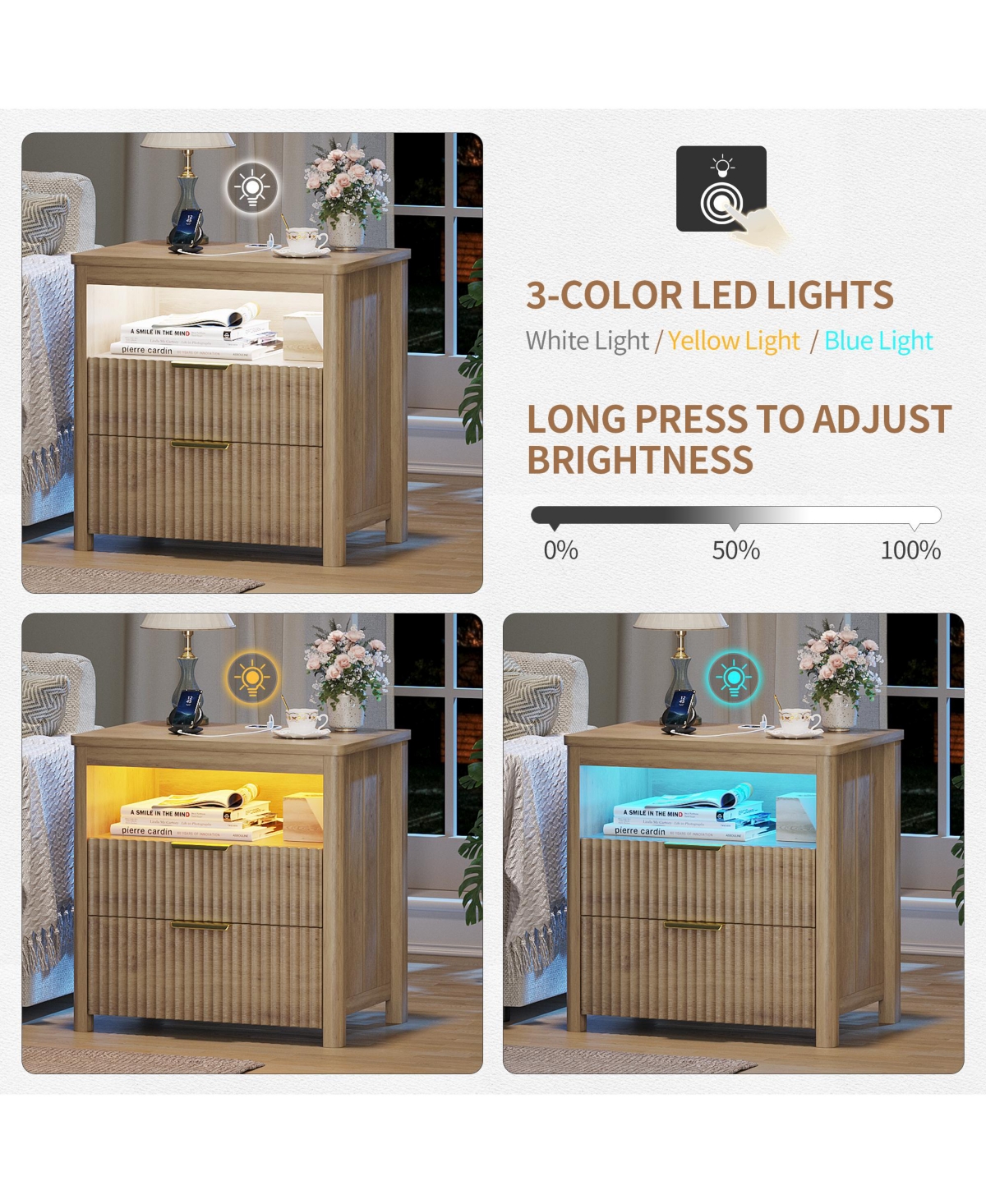 Vlsrka 24" Modern Led Nightstand with 3 Drawers and Charging Station