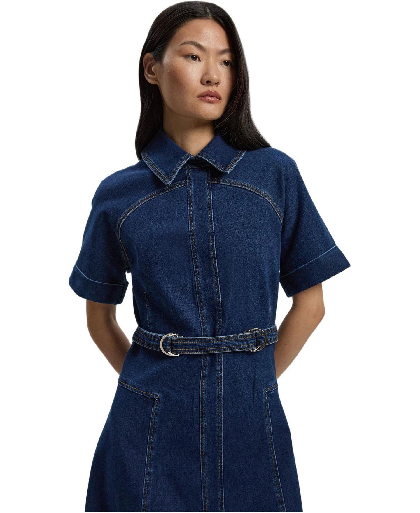 Женское платье Karen Millen Petite Stretch Denim Tab Belt Midi, цвет: Средняя варка — фото 2