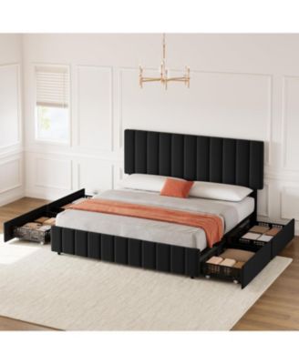 King Bed Frame Upholstered Headboard 4 Drawers Platform Adjustable Headboard Wood Slats No Box Spring