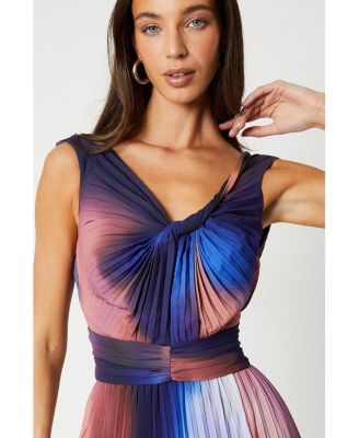 Women's Printed Pleated V-Neck Midi Dress