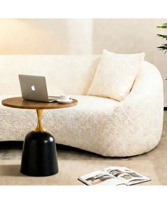 Circular side table with metal base and walnut wood grain