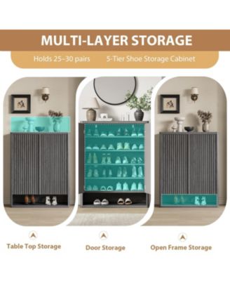 Modern Wooden Shoe Cabinet with Adjustable Shelves and Fluted Door – Narrow Entryway Shoe Organizer