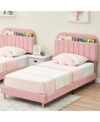 Full Bed Frame Storage Headboard Velvet Upholstered Platform Bed Kids Wood Slats Noise Free