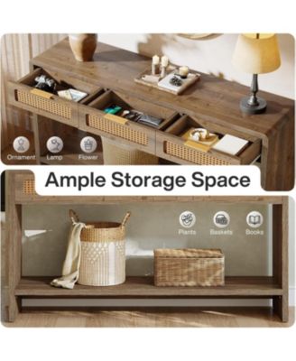 Entryway Table with 3 Rattan Drawers, Narrow Console Sofa Table with 2-Tier Open Storage Shelf