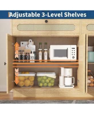 Rattan Sideboard Cabinet with Adjustable Shelves, Buffet with 2 Drawers and 4 Rattan Doors for Dining Room