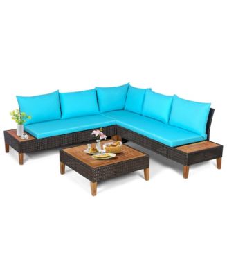 4PCS Acacia Wood Patio Furniture Set Rattan Conversation Set w/ Turquoise Cushions