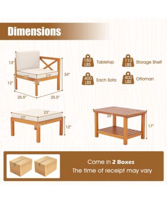 5 PCS Acacia Wood Patio Chaise Lounge Chair Set w/ 2-Tier Coffee Table Cushions