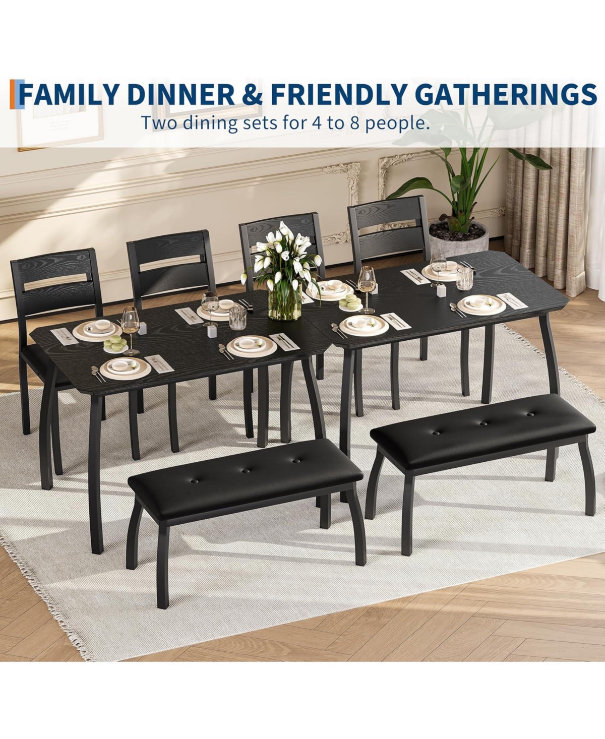 gaomon 4-Piece Wooden Dining Table Set with 2 Cushioned Chairs and Upholstered Bench
