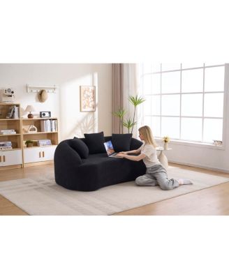  Curved Boneless Sofa Loveseat, 2-Seater Black Chenille Couch with 3 Pillows