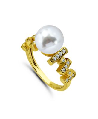 1/4 Cttw Cubic Zirconia 10mm Imitation Pearl Bar Pattern on Sides- Polish Band Ring