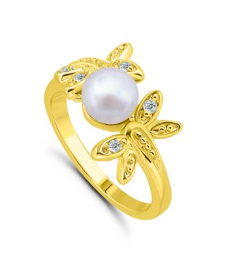 1/20 Cttw Cubic Zirconia 8mm Imitation Pearl Butterfly Motif -Polish Band Ring