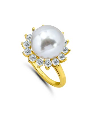 1.0 Cttw 2mm Round Cubic Zirconia Halo 11mm Imitation Pearl on Polish Band Ring