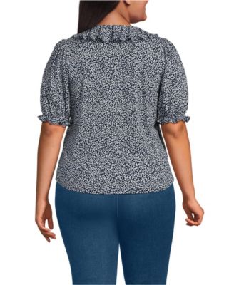 Plus Size Puff Sleeve Slub Ruffle Pintuck Top