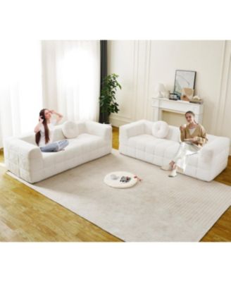 Modern Boneless Couch with Two Circular Throw Pillows, Checkered Design