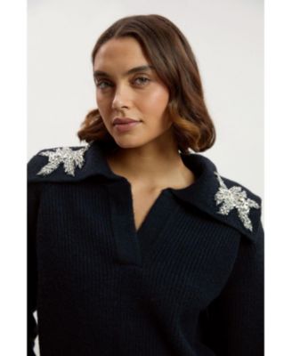 Women's Embellished Collar V Neck Knit Sweater
