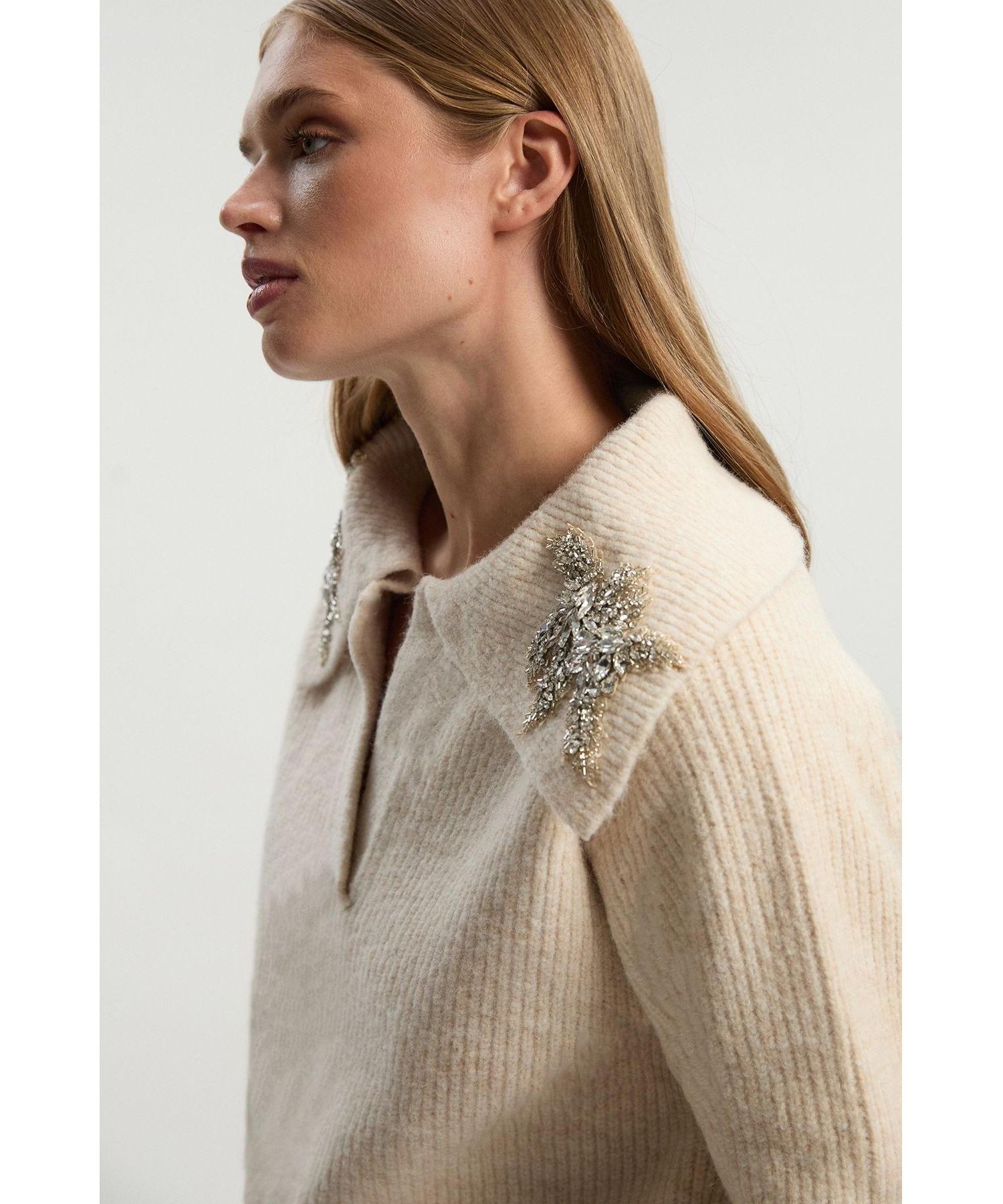 Women's Embellished Collar V Neck Knit Sweater