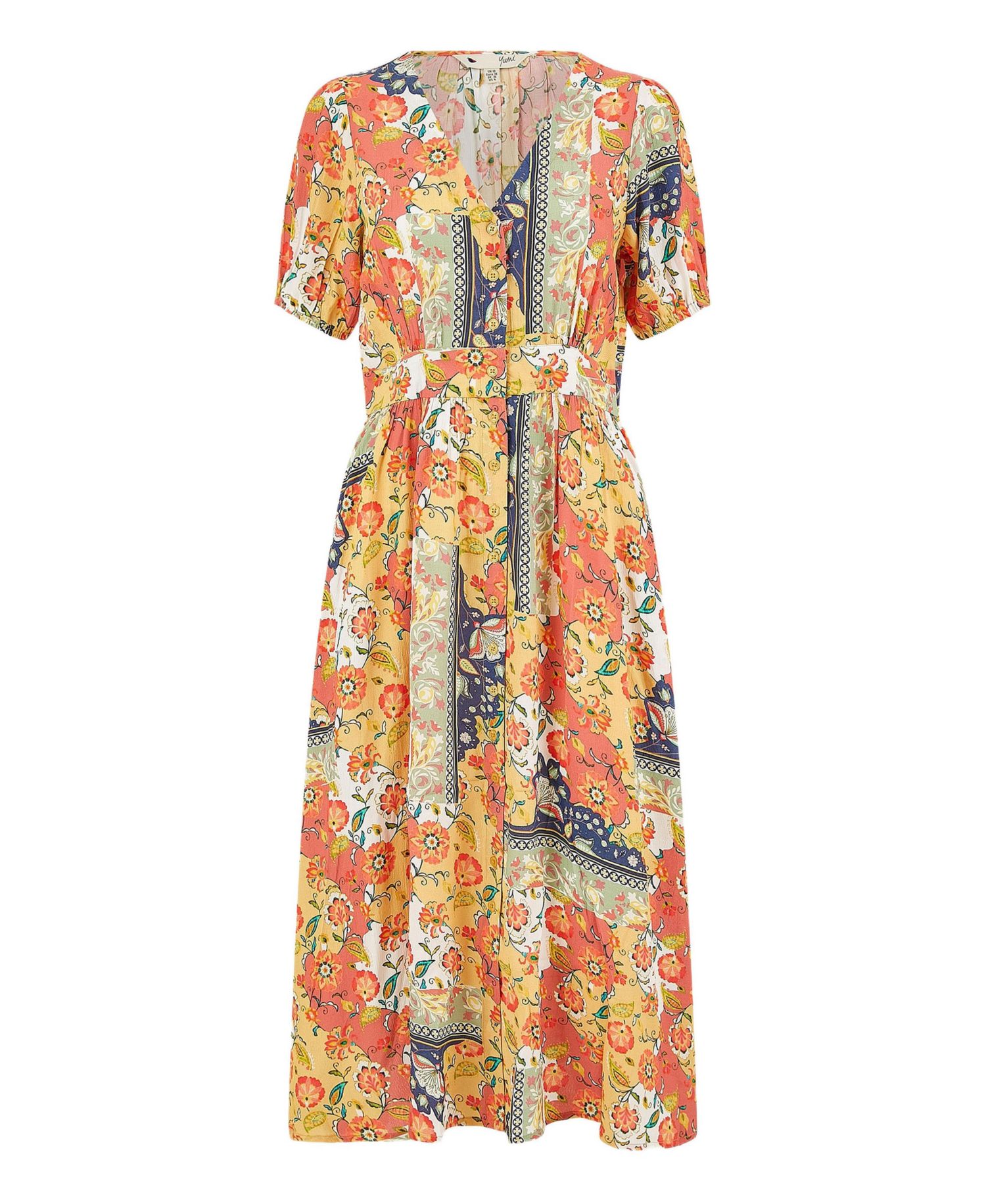 Women's Floral Patchwork Print Midi Shirt Dress