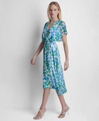 Women's Flutter-Sleeve V-Neck Smocked Waist High-Low Midi Dress