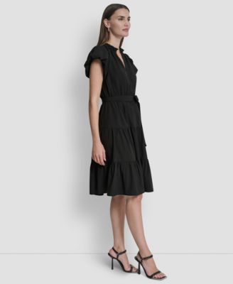 Women's Puff-Sleeve V-Neck Tiered Knee-Length Dress