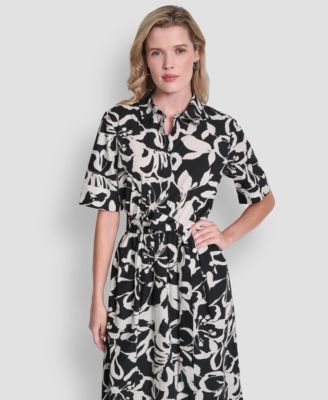 Women's Elbow Sleeve Collared Neck Button-Front Belted Floral Midi Shirtdress