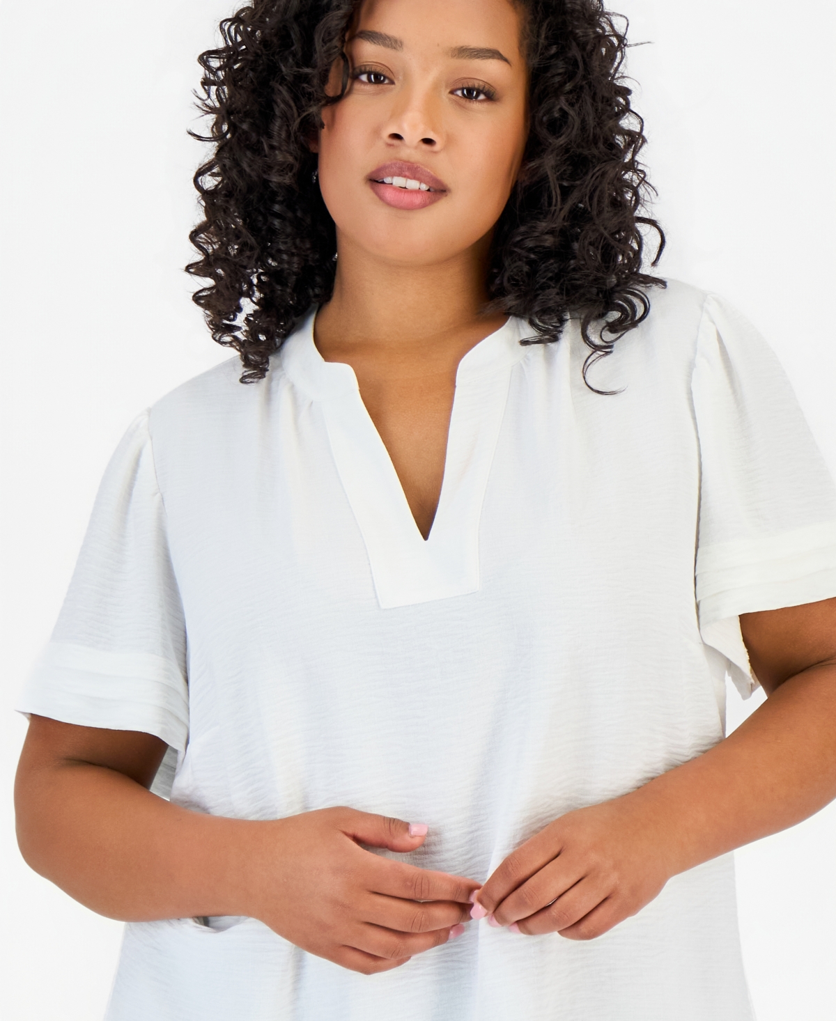 Jones New York Plus Split Neck Pleated-Cuff Top