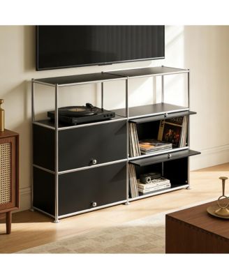 Multi-Purpose Storage Cabinet with Double Drawers and Open Display Shelf, Modern Metal Frame Console for Entryway or Living Room