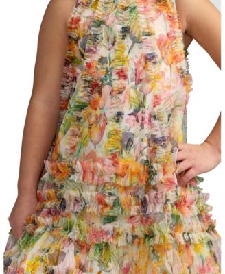 Big Girls Mesh Floral Print A-Line Dress