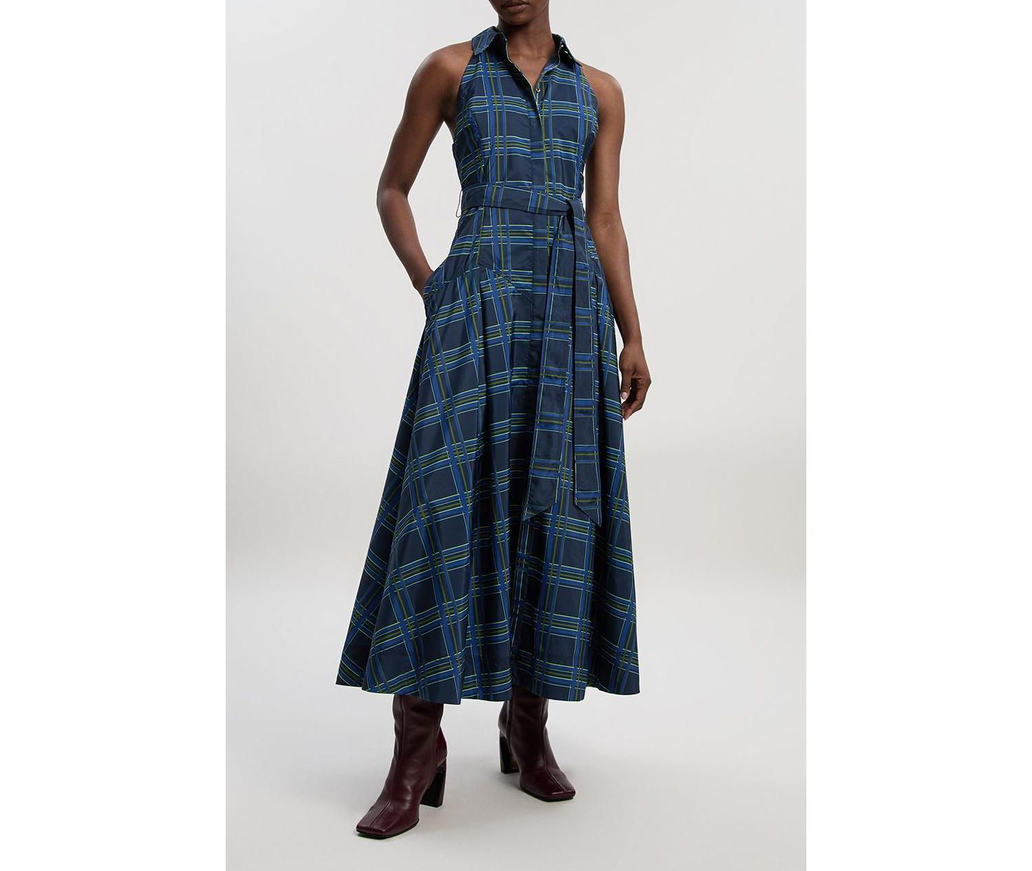 Women's Check Taffeta Belted Maxi Shirt Dress