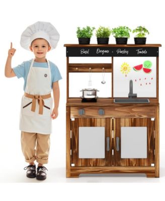 Mud Kitchen Fir Wood Play Kitchen with 4 Panting Pots Faucet Removable Sink