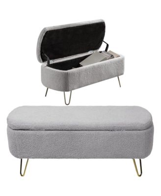 Modern Storage Ottoman Bench - Oval Faux Fur Entryway Bench, End of Bed Bench with Gold Legs for Living Room, Bedroom