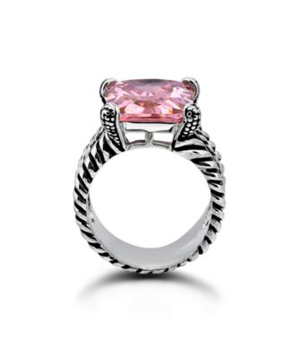 Pink Emerald Cut Cubic Zirconia Center Stone Oxidized Twist Rope Band Statement Ring