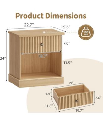 Fluted Nightstand with Drawer, Mid Century Modern Bedside Table Light Wood Nightstand with Storage