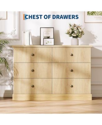 6 Drawer Dresser for Bedroom, Fluted Horizontal Chest of Drawers, 47" Wide Wood Dresser with Metal Handles