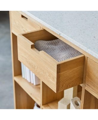 Miho low bookcase in solid oak and white premium terrazzo