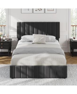 Queen Upholstered Bed Frame 4 Drawers Adjustable Headboard Wood Slats No Box Spring
