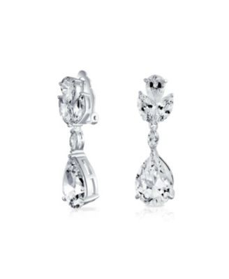 Classic Formal Leaf Motif CZ Cubic Zirconia Teardrop Dangle Clip-On Earrings Silver Plated