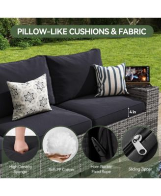 6-Piece Black Wicker Outdoor Sectional Sofa Set with Grey Cushions and Glass-Top Coffee Table