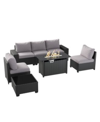 7-Piece Black Wicker Outdoor Sectional Sofa Set with Gray Cushions with 44" Propane Fire Pit Table