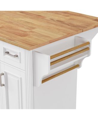 54" White Kitchen Island with Drop Leaf, 4 Doors, 3 Drawers, on Wheels