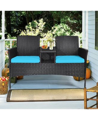Patio Rattan Loveseat Sofa Cushioned Coffee Table