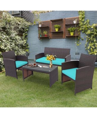 4PCS Patio Rattan Furniture Set Cushioned Chair Sofa Coffee Table