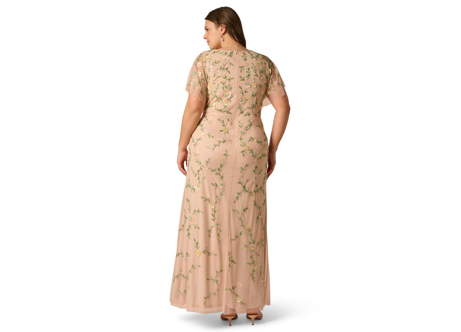 Petite V-Neck Beaded Mesh Gown