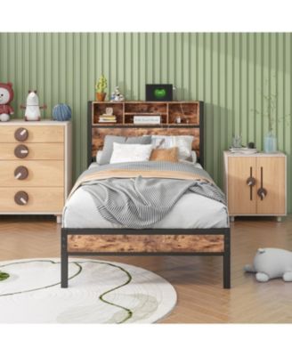 Twin Platform Bed with Storage Headboard and Charging Station