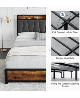 King Bed Frame with Upholstered Storage Charging Headboard 4 Drawers Heavy Duty No Box Spring