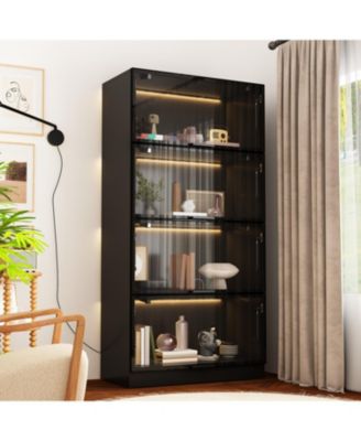 Modern Wood 4-Shelf Bookcase with Doors and 3-Color LED Lights