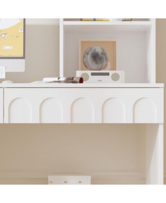 79.1 in. Tall Wood 13-Shelf Standard Bookcase with Writing Desk Table, Glass Door Cabinet,Drawers, French Style